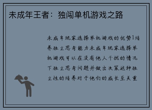 未成年王者：独闯单机游戏之路